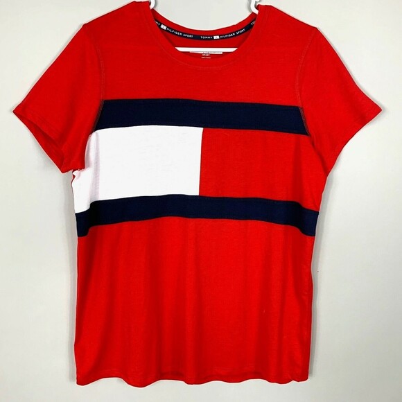 Tommy Hilfiger Sport Top Women Large Color Block Red White Blue - Picture 1 of 9